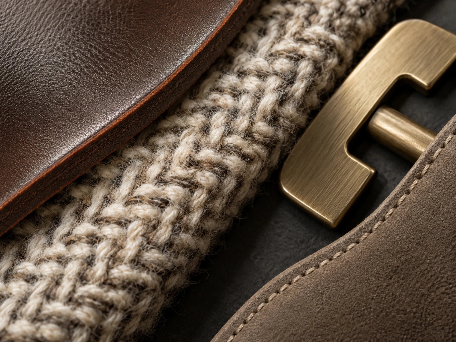 Close-up of leather, woven fabric, metal hardware and precise stitching