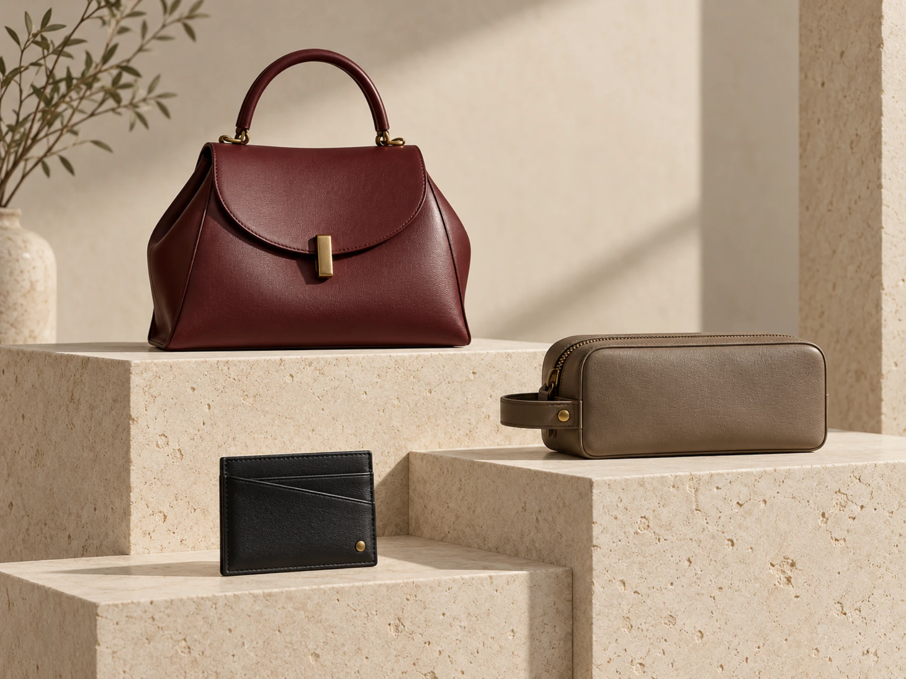 Three unbranded leather goods displayed on stepped limestone plinths